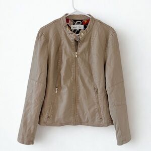 Black Rivet Tan Faux Leather Moto Jacket - Size L, Gold Hardware, Like New!
